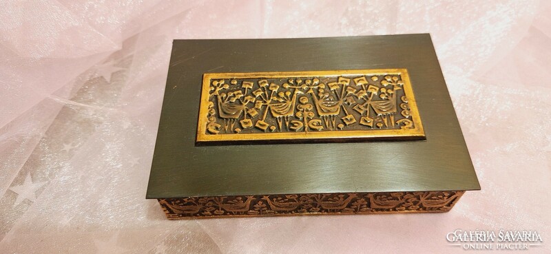 Industrial red copper decorated box with wooden inlay.