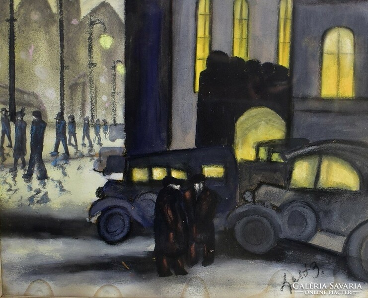 1930 körül magyar festő: PARKOLÓ AUTÓK A PESTI ÉJSZAKÁBAN