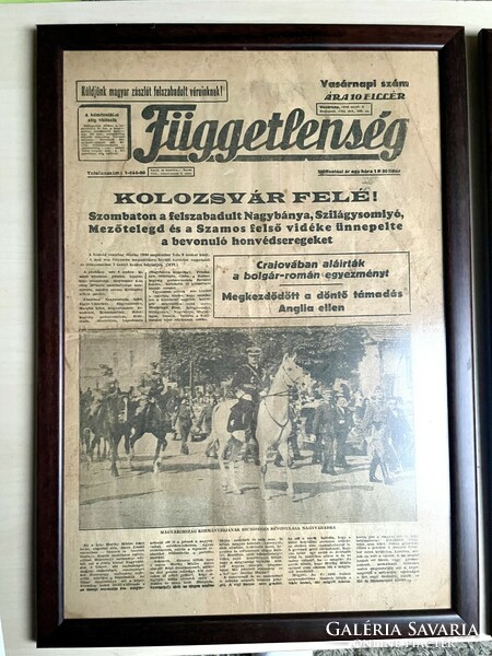 1940, Erdélyi bevonulás, Kolozsvár visszatért, Horthy Miklós, 2db bekeretezett újság, Függetlenség