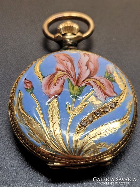 18K yellow gold, diamond-encrusted, women's pocket watch