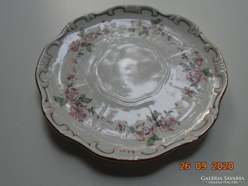 Zolnay plate with shield seal, painted over glaze, gold-feathered peach flower pattern