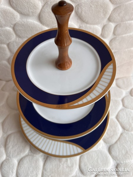 Three-tiered Czech Karlovatzky porcelain tray with a steel blue and gold geometric pattern