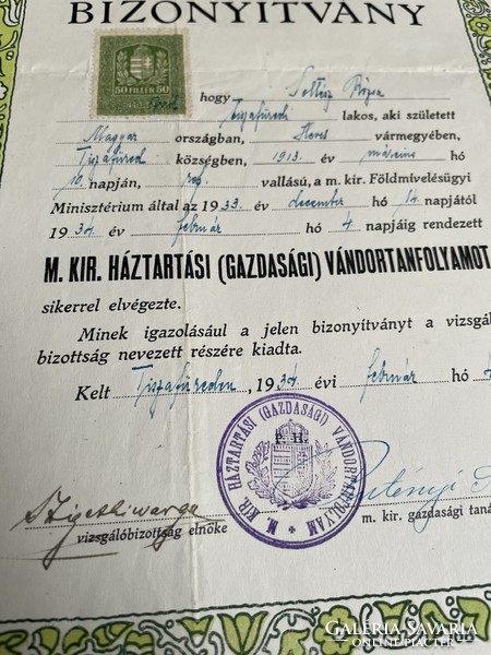 1934, Magyar Királyi háztartási vándortanfolyam bizonyítvány, oklevél, Tiszafüred