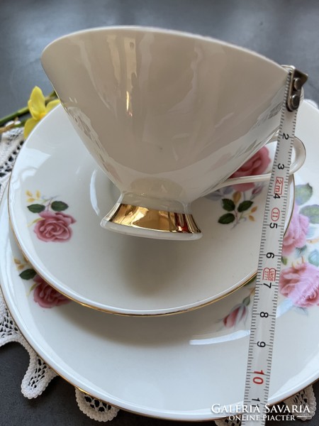 Csodás art deco Kronester Bavaria klasszikus rózsás reggeliző teás csésze szett, trió