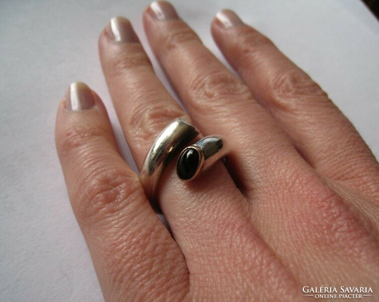 Solid silver ring with onyx stone, gold-plated part, design jewelry
