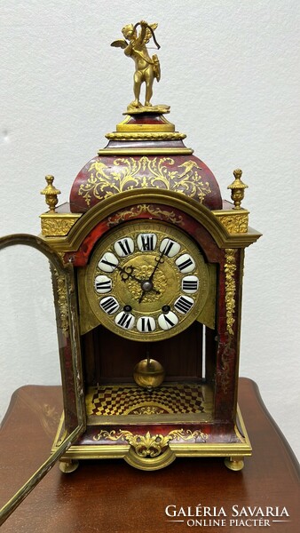 48 cm magas antik francia Graham gátszerkezetes Boulle szobros szalon óra