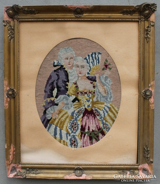 Antique baroque needle tapestry with defective frame. Size: 50x60 cm.