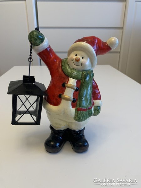 Új címkés nagy 26 cm magas kerámia fényes mázas karácsonyi hóember télapó figura mécses tartó