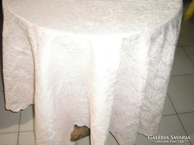 Beautiful vintage rosy pale pink oval silk tablecloth with slinged edge