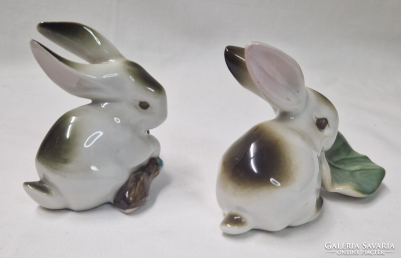 Zsolnay shield seal rabbit figurines with cabbage leaves and bark branch in perfect condition together 7 cm.