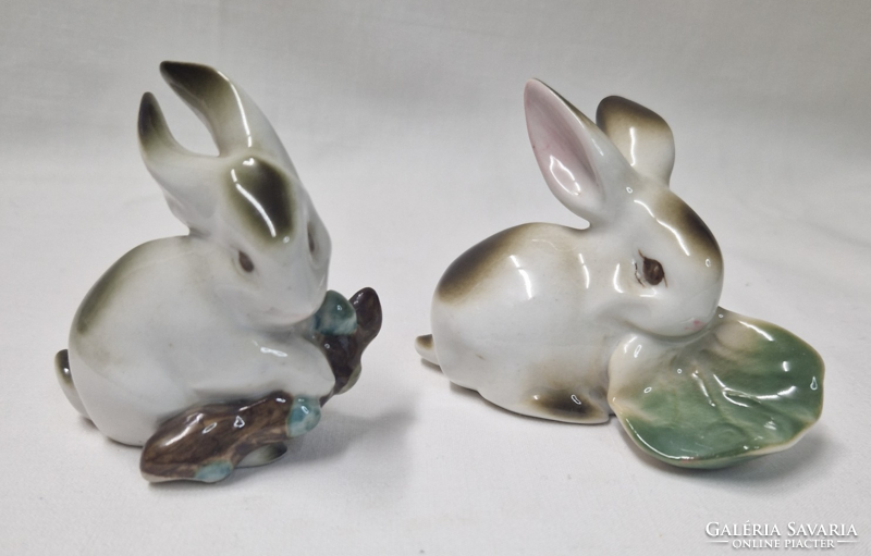 Zsolnay shield seal rabbit figurines with cabbage leaves and bark branch in perfect condition together 7 cm.