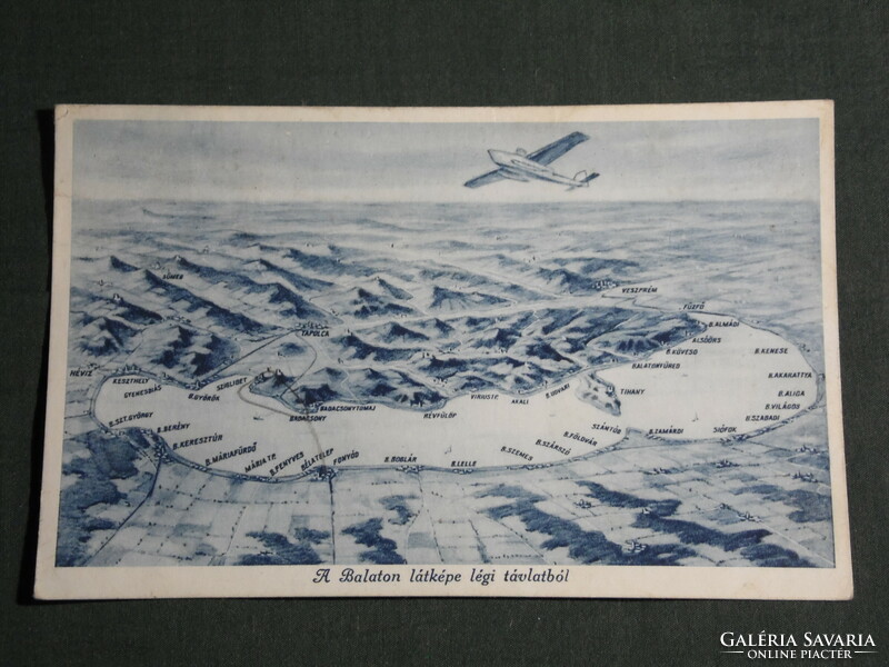 Postcard, the Balaton, graphic map, settlements, seaplane, plane, ship, 1936