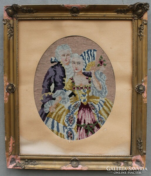 Antique baroque needle tapestry with defective frame. Size: 50x60 cm.