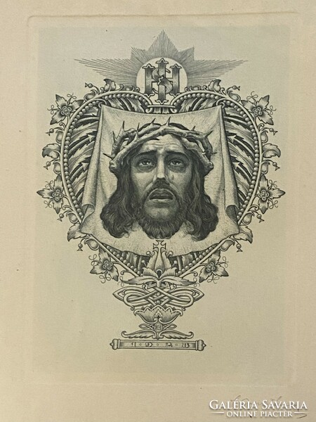 Endre Horváth (1896-1954) Jesus portrait antique marked religious Christian etching