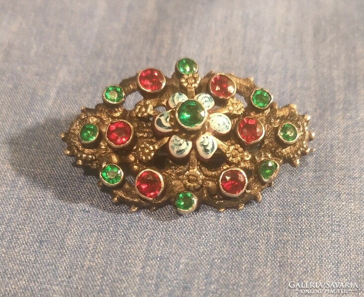 Antique silver brooch with stones and enamel. Marked, in good condition.
