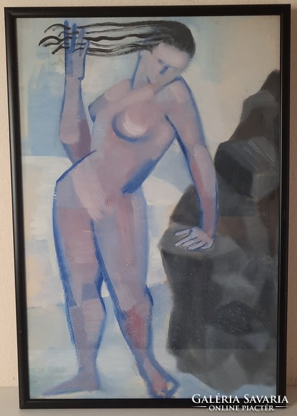 Art deco nude painting, tempera, paper, in frame, behind glass