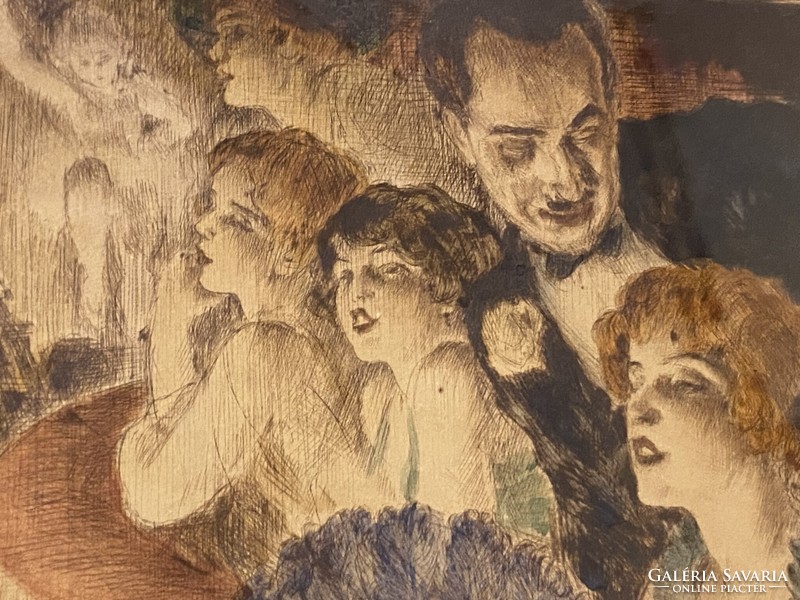 István Prihoda (1891-1965) merry company in the theater booth colored marked etching original circle