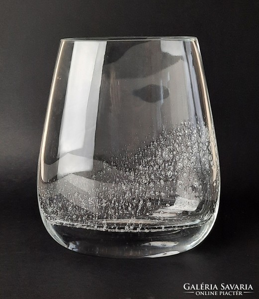 Scandinavian vintage cast glass vase with irregular bubbles, elegant, flat shape