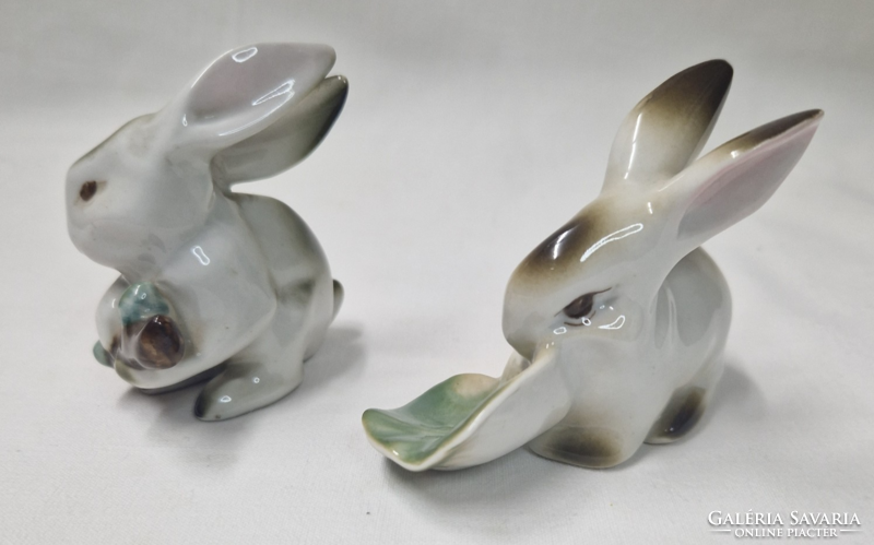 Zsolnay shield seal rabbit figurines with cabbage leaves and bark branch in perfect condition together 7 cm.