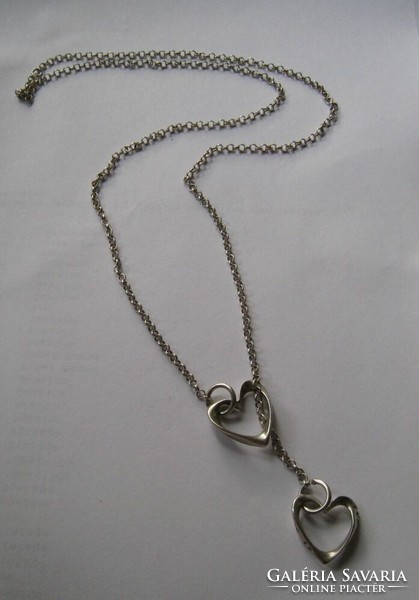 Extra long silver chain with two hearts, inscription