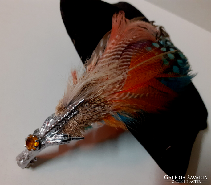 A silver-plated bird's foot-shaped tooth decorated with old bird feathers in a stone brooch