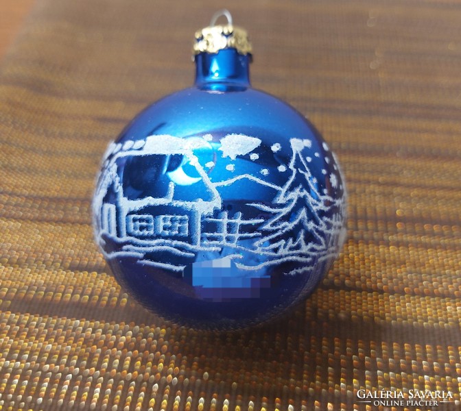 Régi üveg karácsonyfadísz kék festett gömb retro üvegdísz Mikulás minta