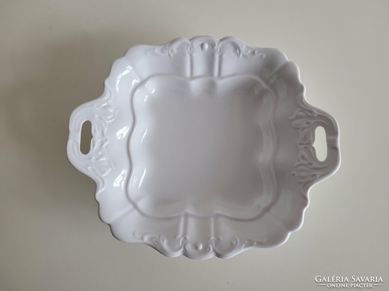 Régi fehér Zsolnay porcelán indamintás szögletes füles tál kínáló