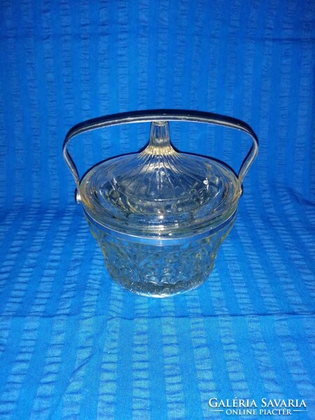 Glass sugar container, bonbonnier with metal tongs (a4)