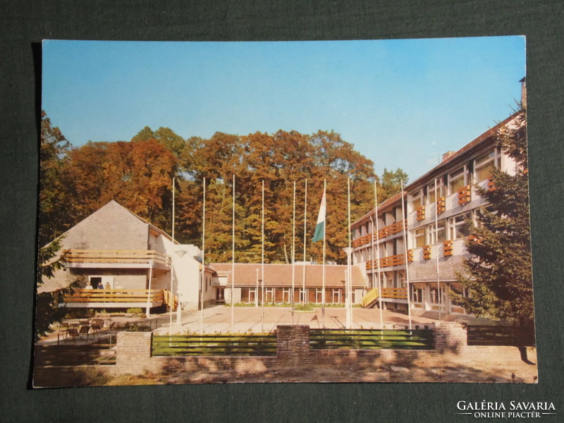 Postcard, mountain hut, training camp, sports camp detail, national flag, 1970-80