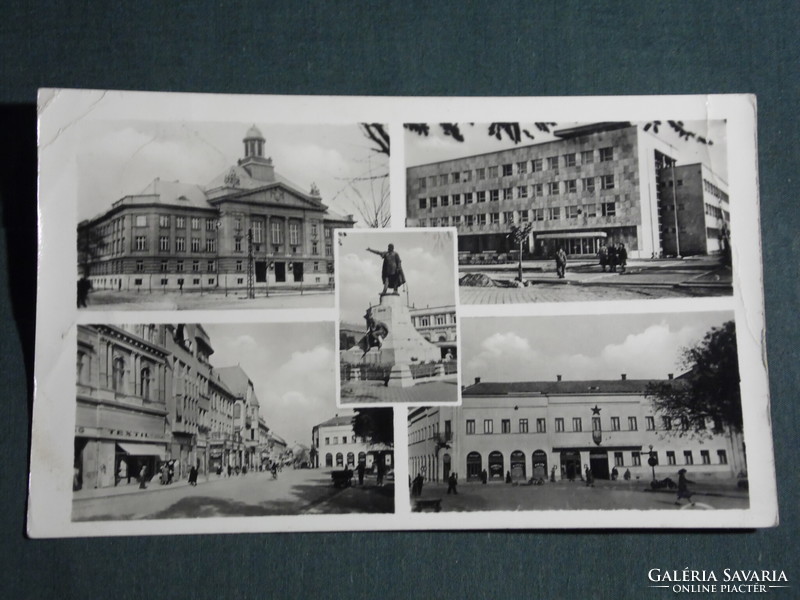 Postcard, Kecskemét, mosaic details, town hall, Kossuth statue, 1956