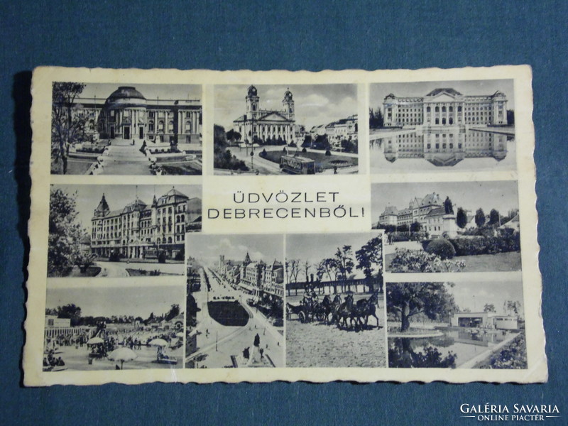 Postcard, Debrecen, mosaic details, srand, university, town hall, church, 1942