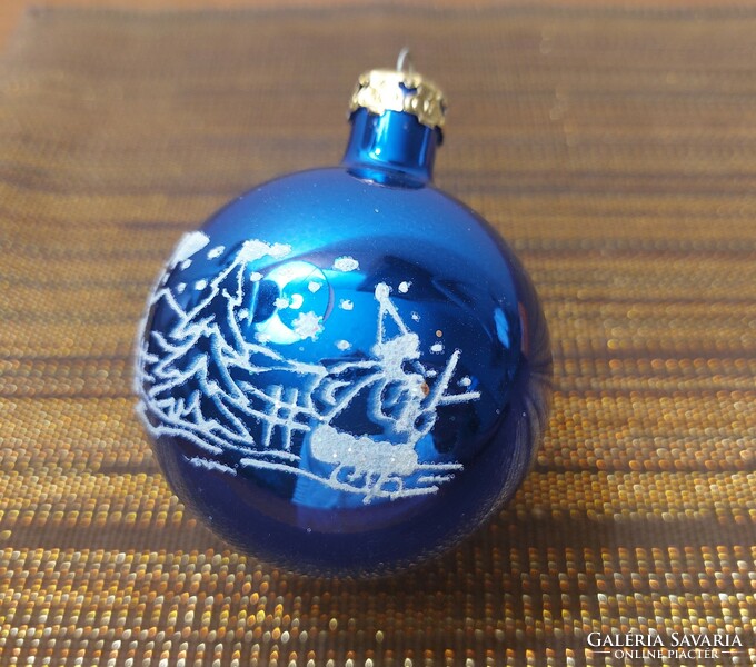 Régi üveg karácsonyfadísz kék festett gömb retro üvegdísz Mikulás minta