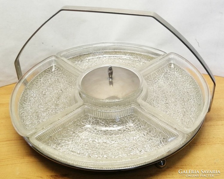 A cake stand with molded glass inserts and a sauce bowl with a lid