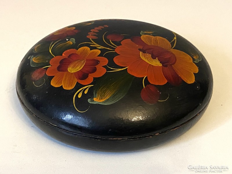 Marked painted Russian round lid wooden jewelry box with orange flowers