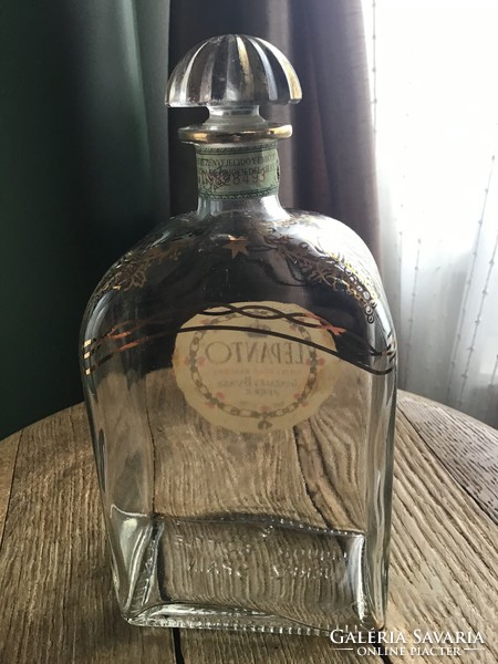 Old Spanish lepanto liqueur glass bottle, butella with gilded decoration