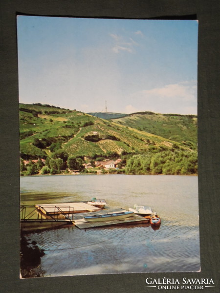 Képeslap,Postcard, Tokaj, látkép részlet, szőlőhegy, Bodrog, Tisza, stég, motorcsónak, 1970-80