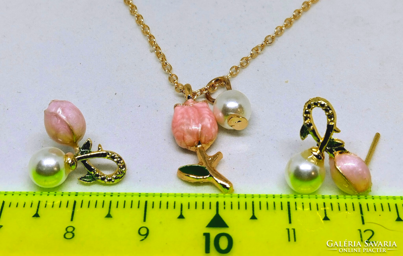 Gold-plated and enameled tulip necklace and earring set 103