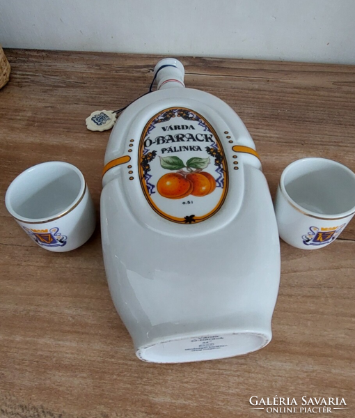 Hollóházi porcelain Várda old peach brandy flask set (with 2 cups)