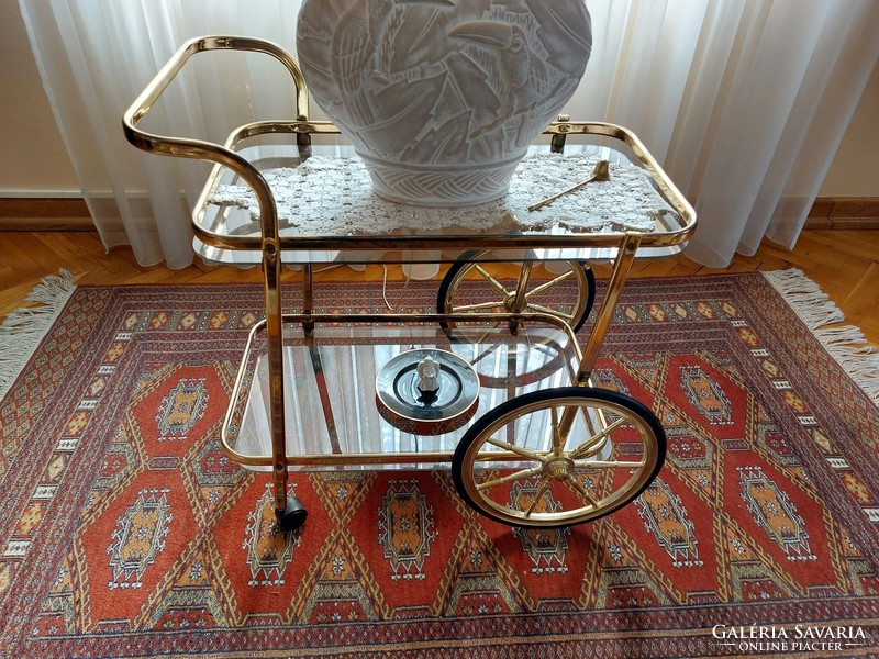 Copper vintage party cart with glass top for sale
