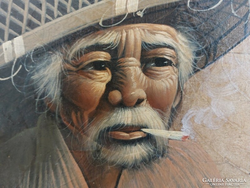 (K) Ázsiai festmény szignózott dohánylevélen (?) 26x30 cm kerettel