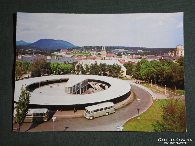 Képeslap, Eger MÁVAUT autóbusz állomás látkép, IKARUS busz 1970-80