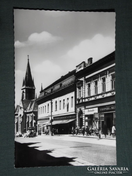 Képeslap,Postcard, Kaposvár, Főutca, Sétáló utca, üzletek, templom, 1960-70
