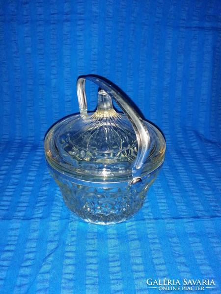 Glass sugar container, bonbonnier with metal tongs (a4)