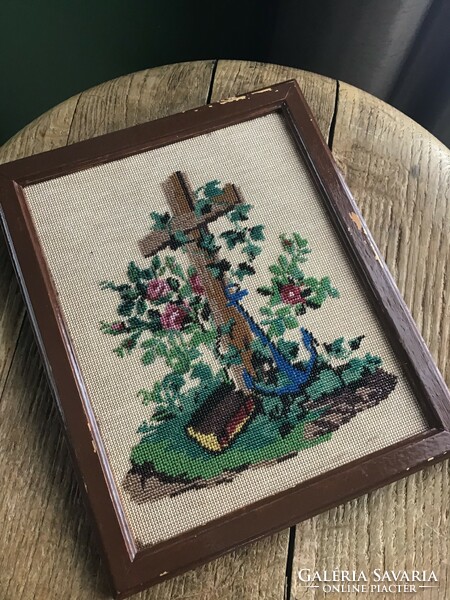 Antique beaded faith, hope and love framed picture
