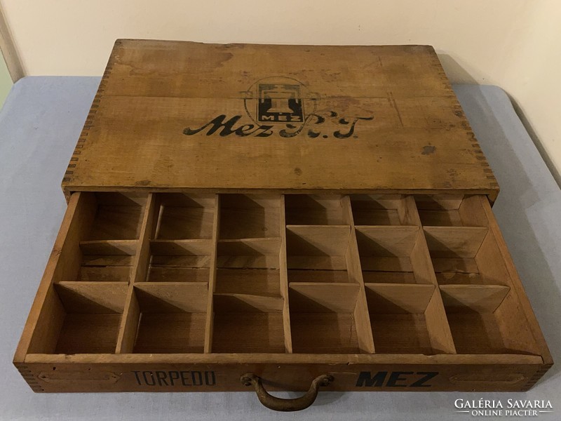 Antik Mez Torpedo szatócsbolti cérna tároló fiókos szekrény, dobozka, kazetta