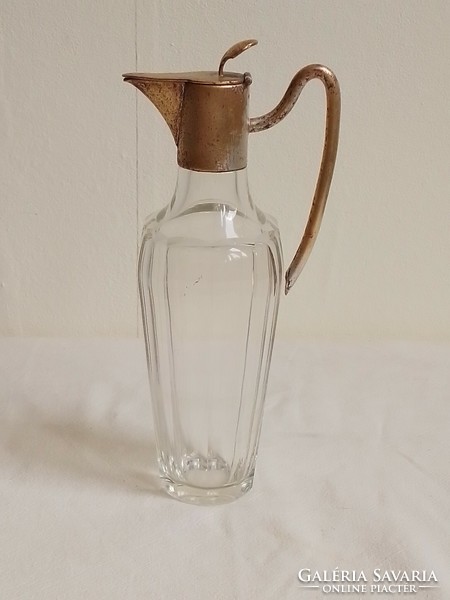 Antique Old Vinegar Oil Peeled Glass Pouring Pitcher Carafe with Silver Plated Metal Fitting 18cm