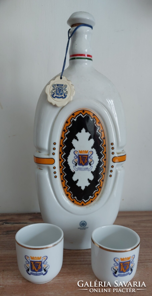 Hollóházi porcelain Várda old peach brandy flask set (with 2 cups)