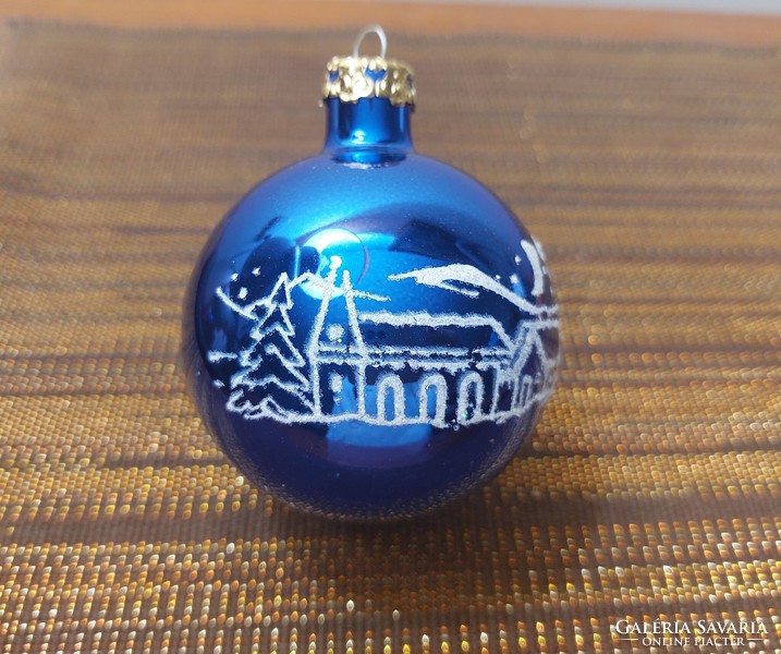 Old glass Christmas tree ornament blue painted sphere retro glass ornament Santa pattern
