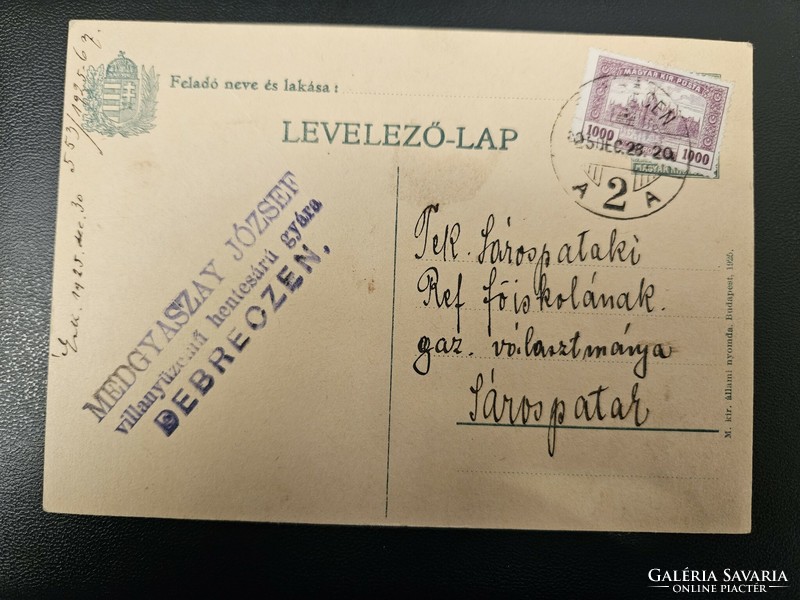 1925-ös 1000Korona levelezőlap Debreczen