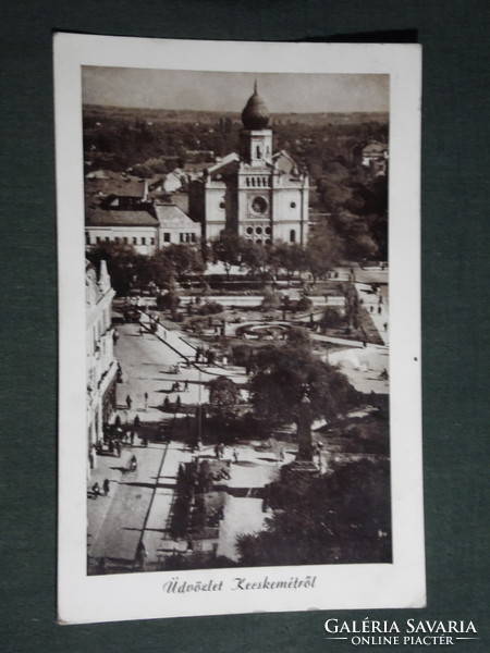 Postcard, Kecskemét, view, Rákóczi út, synagogue, 1956